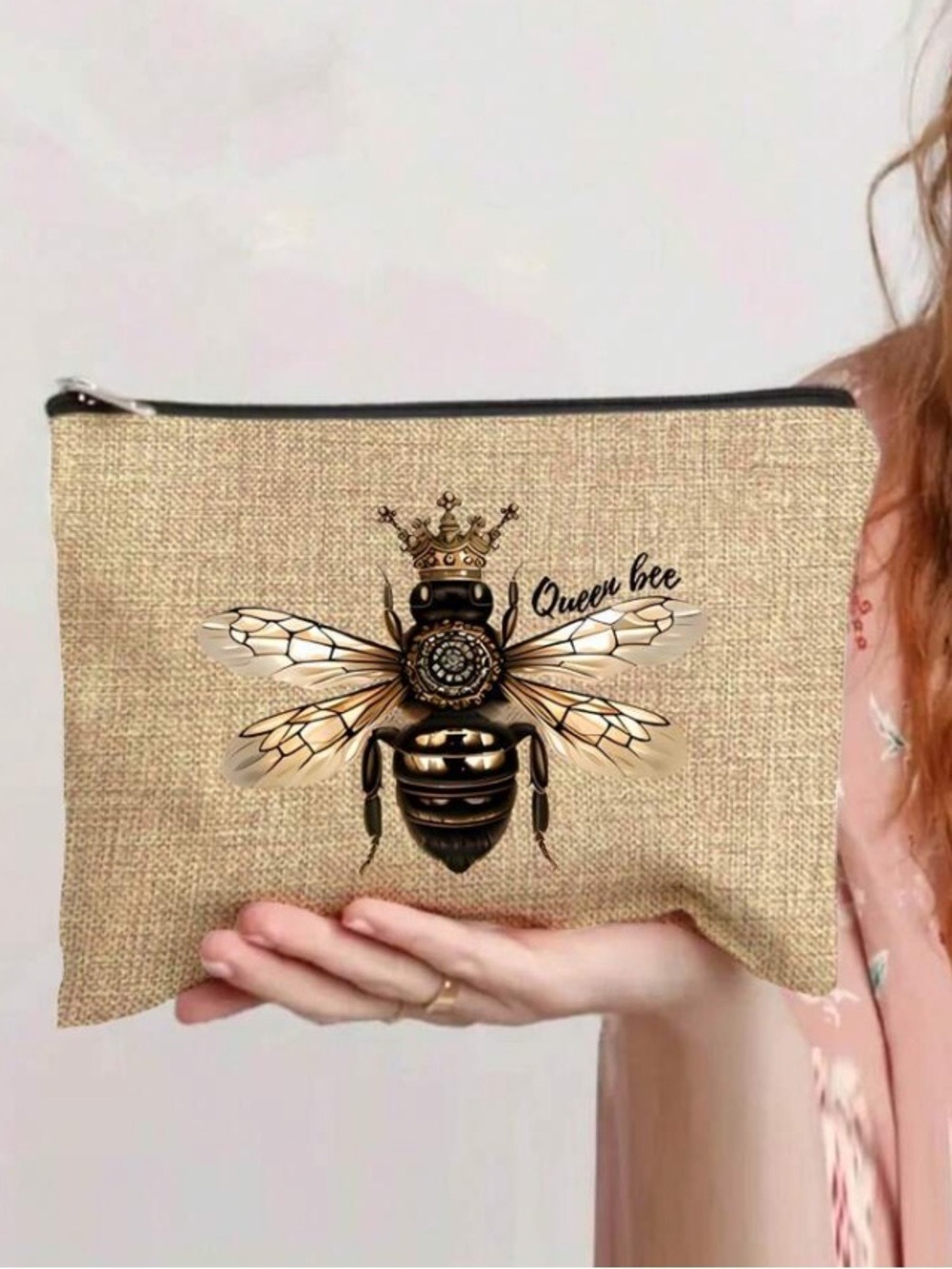 Queen Bee Makeup Bag Cosmetic Travel Pouch Bee Lover Organizer Beige
